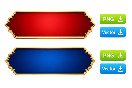 Islamic gold frame banners in red and blue, ornamental arabic border set, luxury title box for ramadan and eid greetings