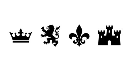 Royal Crown, Lion Rampant, Fleur de Lis, Castle Icons: Heraldic Symbols Vector Set © ROSE