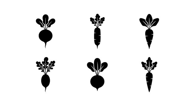 Radish Carrot Icons, Root Vegetable Silhouettes, Fresh Produce Vector Set, Healthy Food Graphics