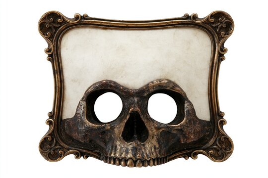 Ornate gothic frame with a skull shaped lower border, empty eye sockets and a blank parchment panel, isolated on a white background for Halloween or macabre design.