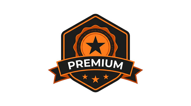 Pixel art style premium quality badge icon with a star and ribbon in orange and black colors for retro games