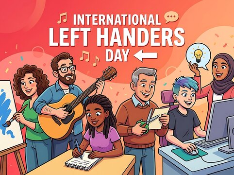 Happy diverse group of people celebrating international left handers day with creativity and joyful activities together