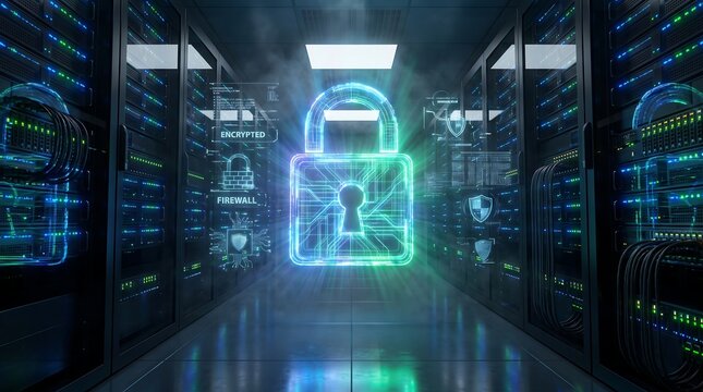 Cybersecurity digital padlock hologram in data center server room with security protection technology information internet business encryption