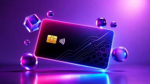Modern contactless black credit card with glowing purple neon lights and floating abstract shapes in a futuristic digital environment