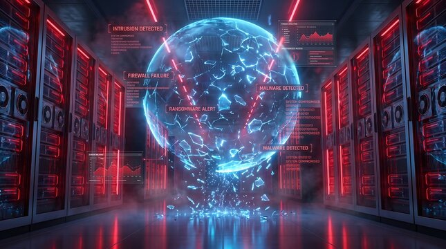 Digital global communication globe hologram in server room with technology communication connection internet hologram infrastructure computing