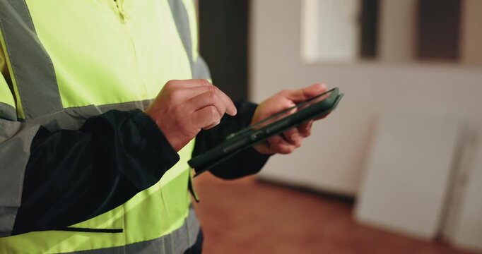 Engineer, hands and person with tablet for construction, renovation and remodeling at site. Tech, scroll and architect with development app, maintenance and building upgrade with design review