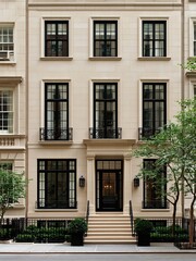 Naklejka premium Symmetrical townhouse facade with black framed windows and central stairs