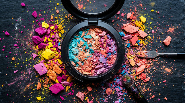 Broken colorful eye shadow powder inside a black cosmetic compact case on a dark textured surface top view flat lay