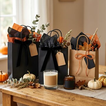 Fall gift bags and autumnal candles on wood surface with pumpkins seasonal thanksgiving halloween giftware packaging shopping merchandise presents eucalyptus aesthetic celebration autumnal