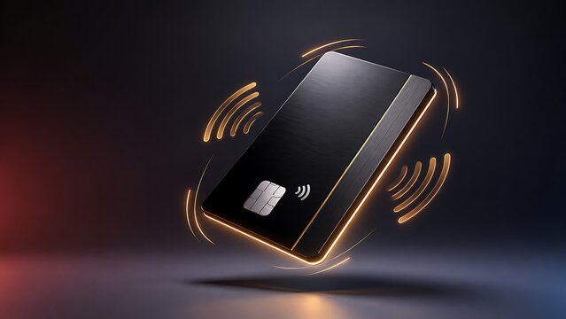 Black credit card with contactless payment signal glowing on a dark background