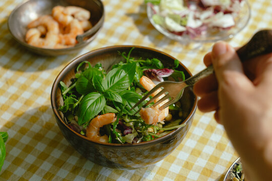 Heathy dinner. Diet cuisine. Woman eating summer diet salad of shrimp, basil, arugula, lettuce and sprouted beans