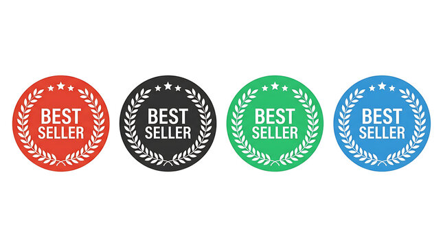 Set of four colorful round best seller badges with laurel wreath design for marketing and retail product promotion