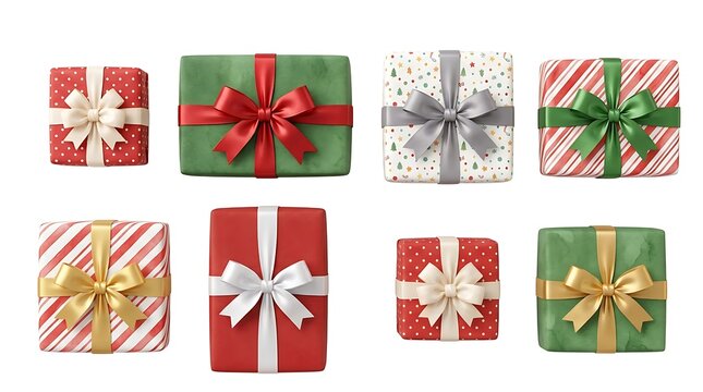 Set of Eight Christmas Wrapped Present Gift Boxes Arranged in Two Rows with Colorful Ribbons and Bows Isolated on White Background 3D Render