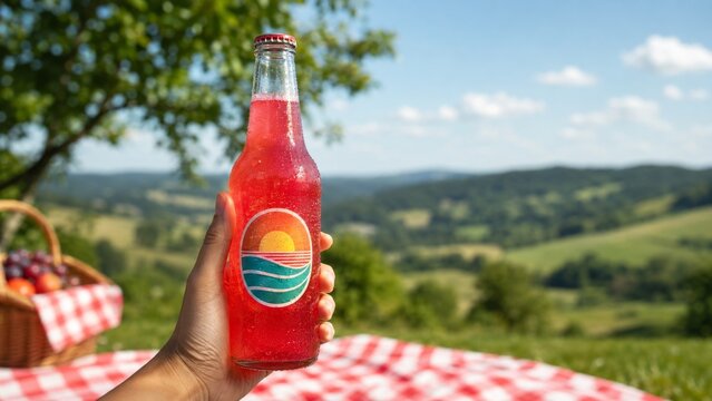 Soda bottle with retro logo overhead composition with clean studio light and elegant styling art