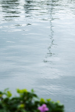 Abstract Light Pole Reflection as Wavy Lines on Rippled Water Surface