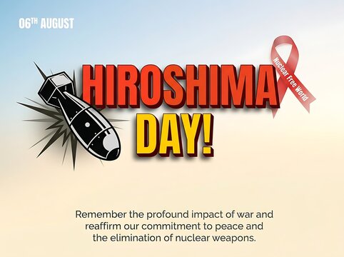 Hiroshima day memorial illustration with bomb and awareness ribbon for peace and nuclear disarmament campaign
