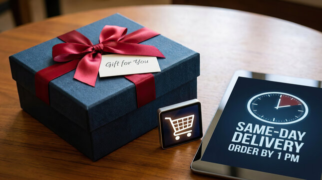 Gift box with red ribbon and tag on wooden table near digital watch with shopping cart icon and tablet showing same day delivery message, symbolizing fast online shopping and gift service