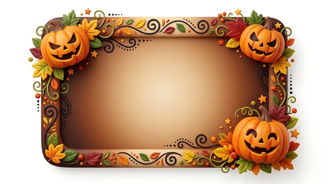 Decorative Halloween Frame with Spooky Jack-o'-Lantern Pumpkins and Autumn Leaves 3D Render Isolated on White Background