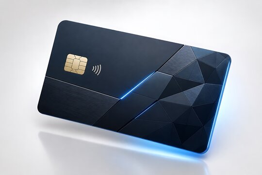 Modern black credit card with contactless payment chip and geometric blue light design