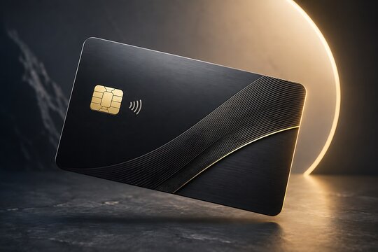 Premium black credit card with chip and contactless symbol on a dark background with soft golden light