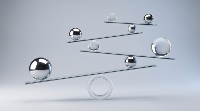 Financial stability and risk management concept featuring silver spheres perfectly balancing on a complex multi-tiered glass scale