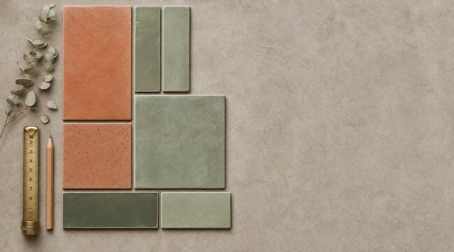 Kitchen Tile Flat Lay with Measuring Tape and Eucalyptus