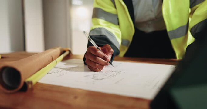 Construction, blueprint or hands on site with sketching, document or floor plan in building layout. Industrial, woman or engineer with design, drawing sheet or structure illustration for development.