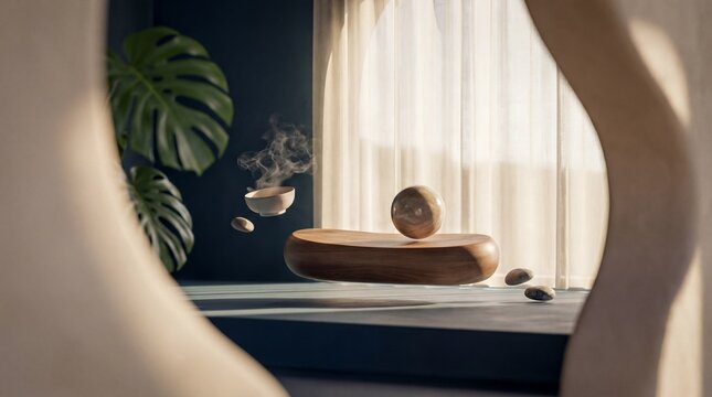zen space design, a serene minimalist meditation space with soft light and floating organic elements