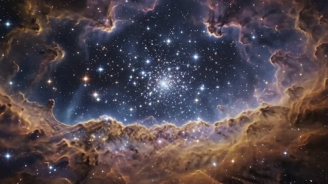 Cinematic Deep Space Nebula and Star Cluster Flying Through Cosmic Gas Clouds Towards a Glowing Galaxy Center, 4K 3D Render Animation