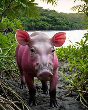 A magenta babirusa piglet pig hybrid fictional species, digitally created animal,  in a calm coastal inlet