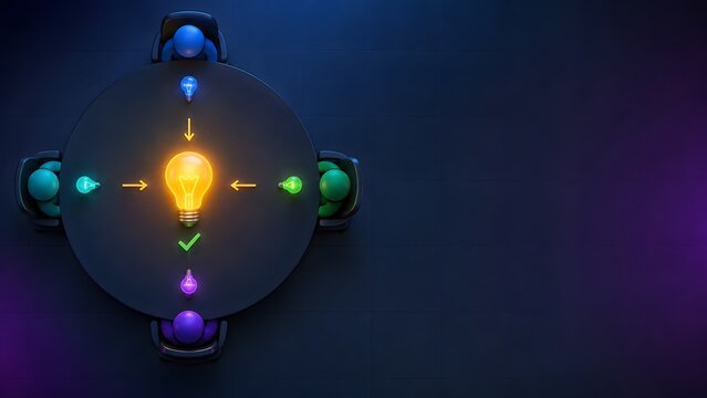 Team brainstorming collaboration meeting business consensus strategy multiple ideas merging into central glowing innovation lightbulb