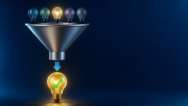 Idea filtering innovation pipeline funnel multiple concepts verified business solution glowing lightbulb checkmark