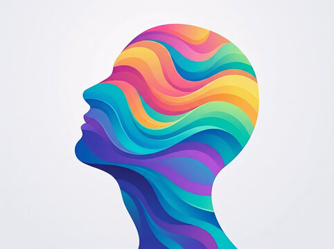 Abstract human head profile with colorful wavy layers, vector illustration for mental health awareness, creative thinking, brain waves, psychology concept with copy space.