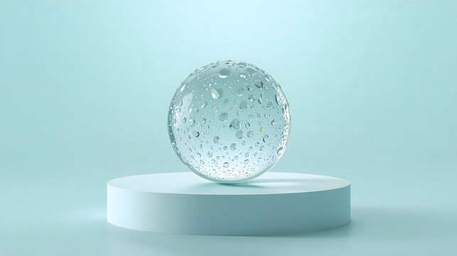Droplet covered translucent gel sphere resting on pedestal evoking fresh cooling sensory mood generative AI