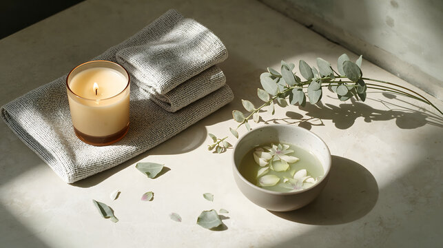 Lit soy candle and linen towel on stone surface evoking fresh restorative mood generative AI