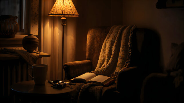 Cozy reading nook with armchair and lamp at dusk evoking homely atmospheric mood generative AI
