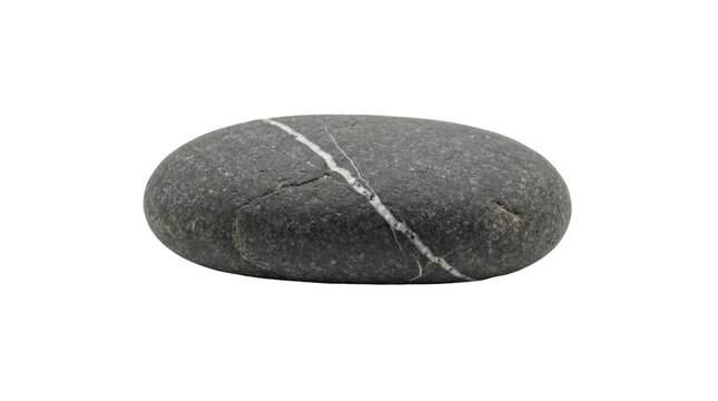 Single smooth river stone with a thin white quartz vein on a transparent background PNG image