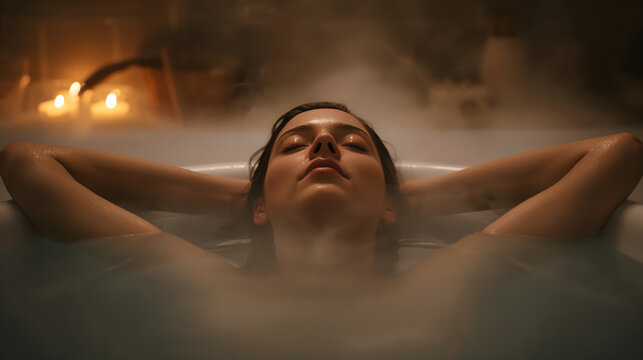 Person soaking in warm bath with closed eyes evoking intimate spa mood generative AI