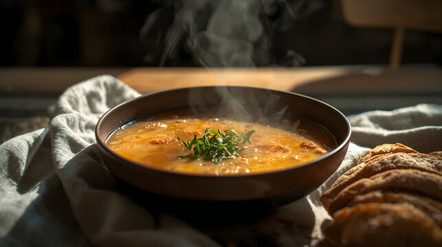 Bowl of steaming soup on rustic table evoking appetizing inviting mood generative AI