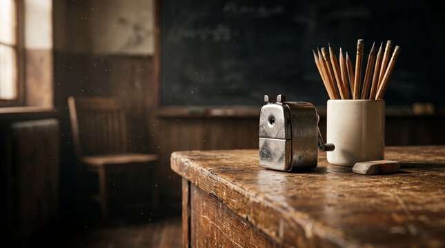 Vintage wooden desk in a nostalgic classroom featuring an old metal pencil sharpener, pencils, and an eraser.