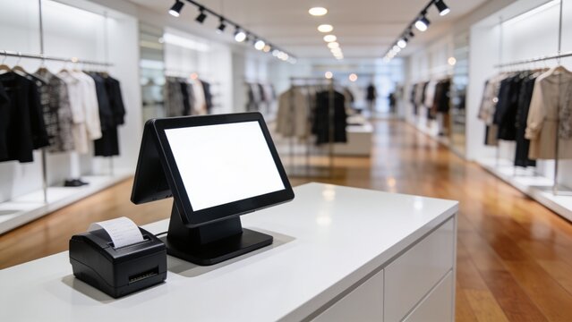 Modern retail checkout counter with digital display and cash register