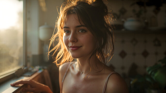 Young woman standing by sunlit kitchen window evoking peaceful morning mood and calm atmosphere generative AI