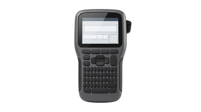 Industrial handheld label maker with QWERTY keyboard, portable thermal printer for warehouse organization, professional labeling device for office management isolated PNG with Transparent