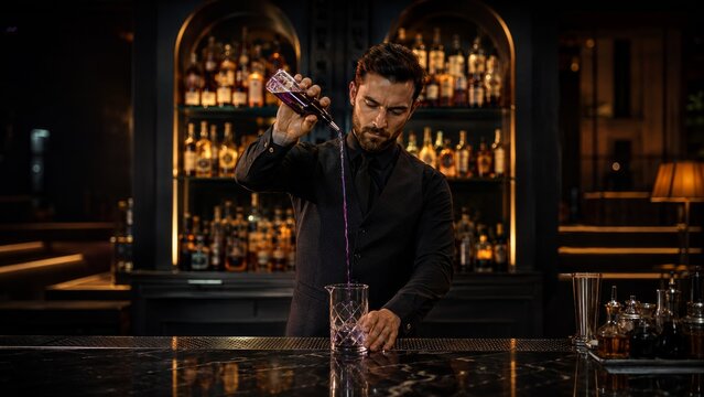 Cocktail with violet syrup eye level perspective with warm golden light and contemporary styling