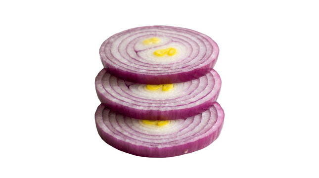 Stacked slices of fresh red onion on a transparent background PNG file