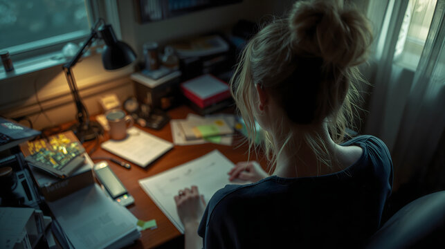 Woman working at cluttered home desk evoking believable atmosphere and productive office generative AI