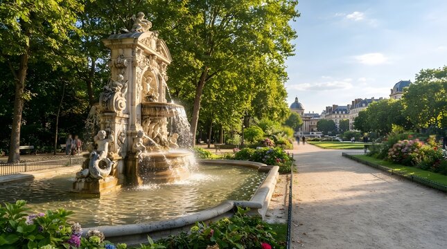 Historic baroque stone fountain in elegant city park with blooming gardens and golden evening sunlight