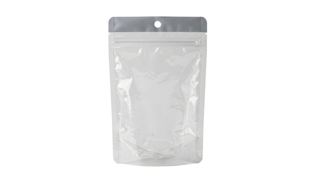 Empty clear plastic stand up pouch with zipper lock on a transparent background PNG file