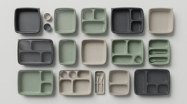 Set of empty plastic lunch boxes and containers top view. modular food trays