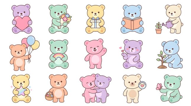 Cute Pastel Teddy Bear Icons Collection &ndash; Kindness Vector Characters Isolated on White Background